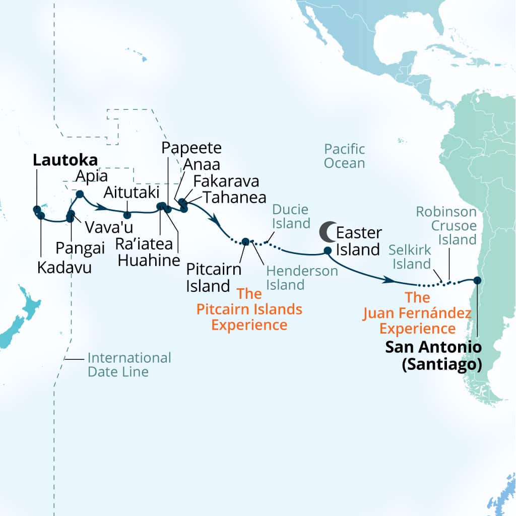 Itinerary map of 32-Day Lost Islands Of Chile & Tracing Fiji's History