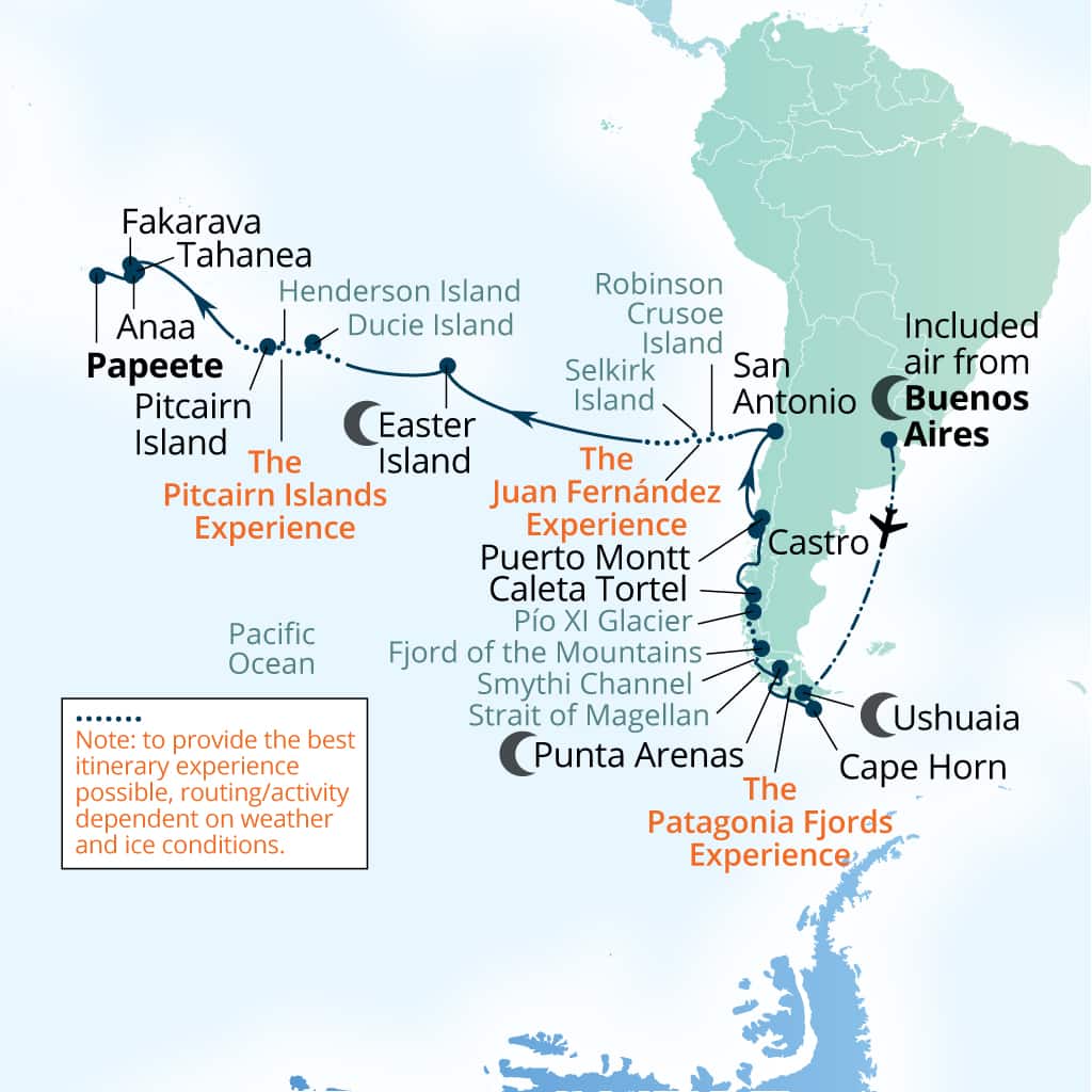 Itinerary map of 34-Day Chilean Fjords, Easter & Pitcairn Islands
