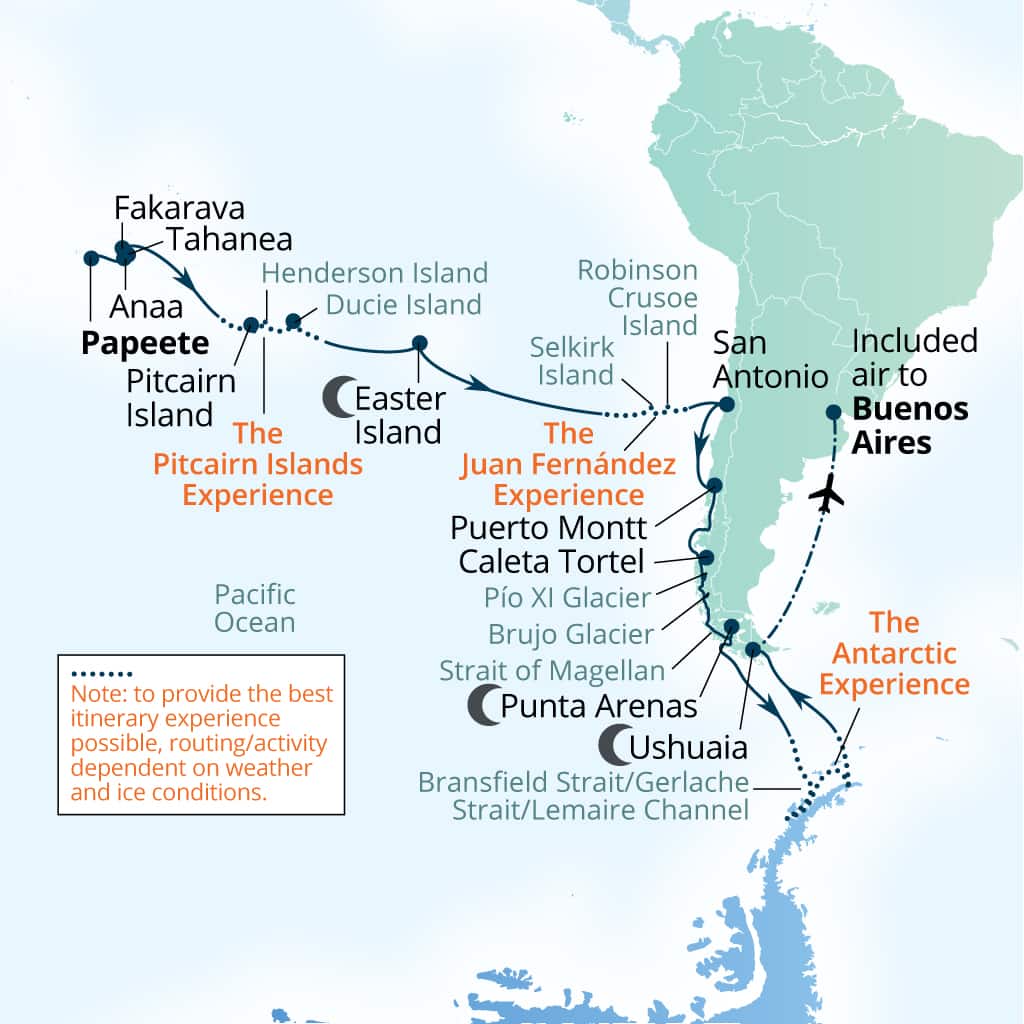 Itinerary map of 37-Day South Pacific Explorer & Antarctica