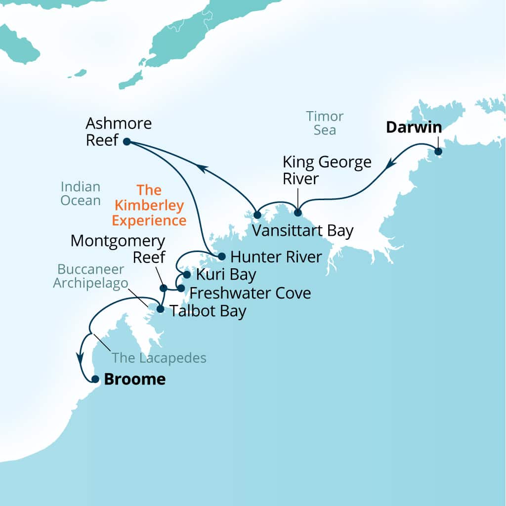 Itinerary map of 10-Day Kimberley Expedition: Waterfalls & Wanjinas