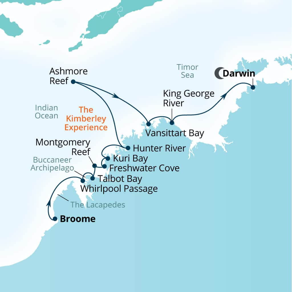 Itinerary map of 10-Day Kimberley Expedition: Waterfalls & Wanjinas
