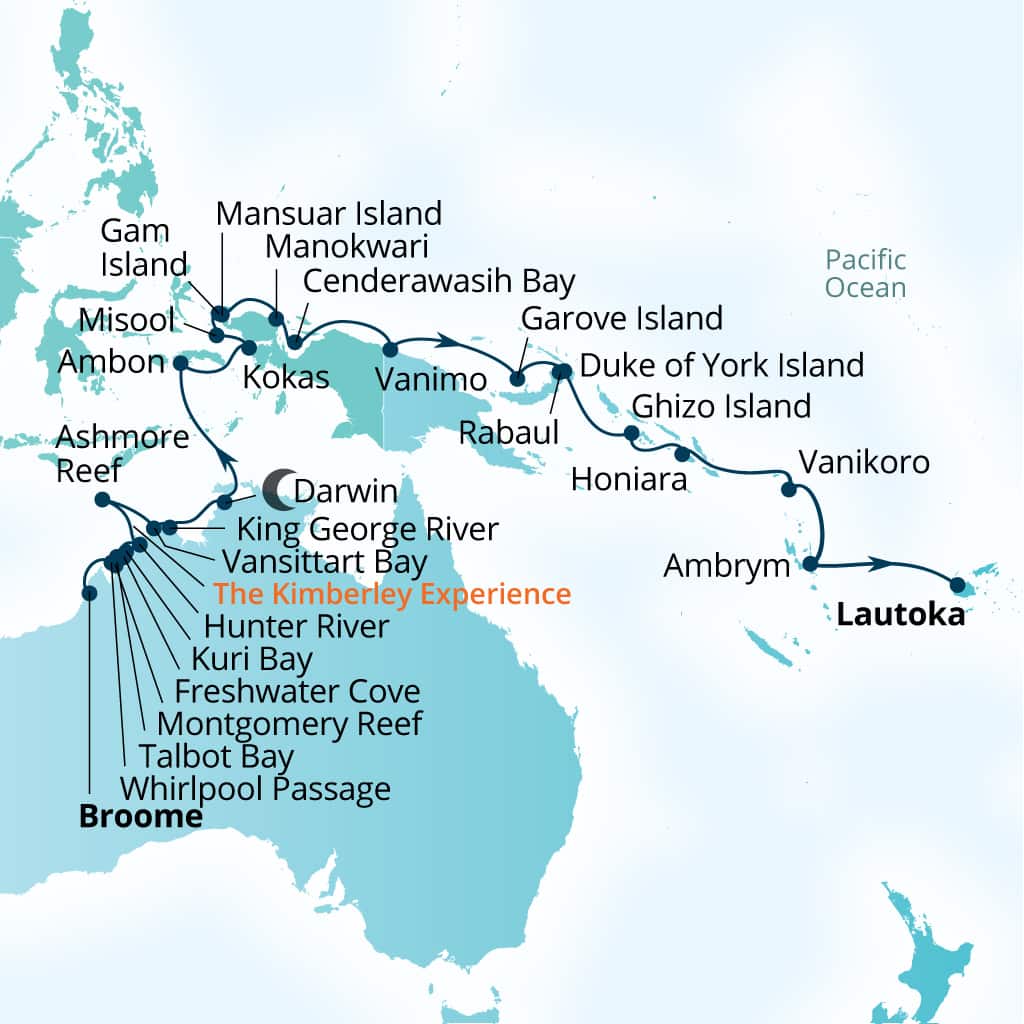 Itinerary map of 32-Day Kimberley Expedition, Indonesia & Papua New Guinea