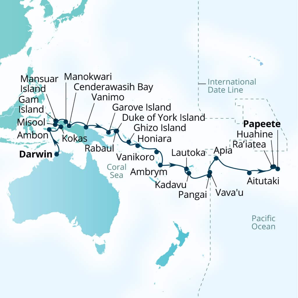 Itinerary map of 35-Day Indonesia, New Guinea & Cultures Of Oceania