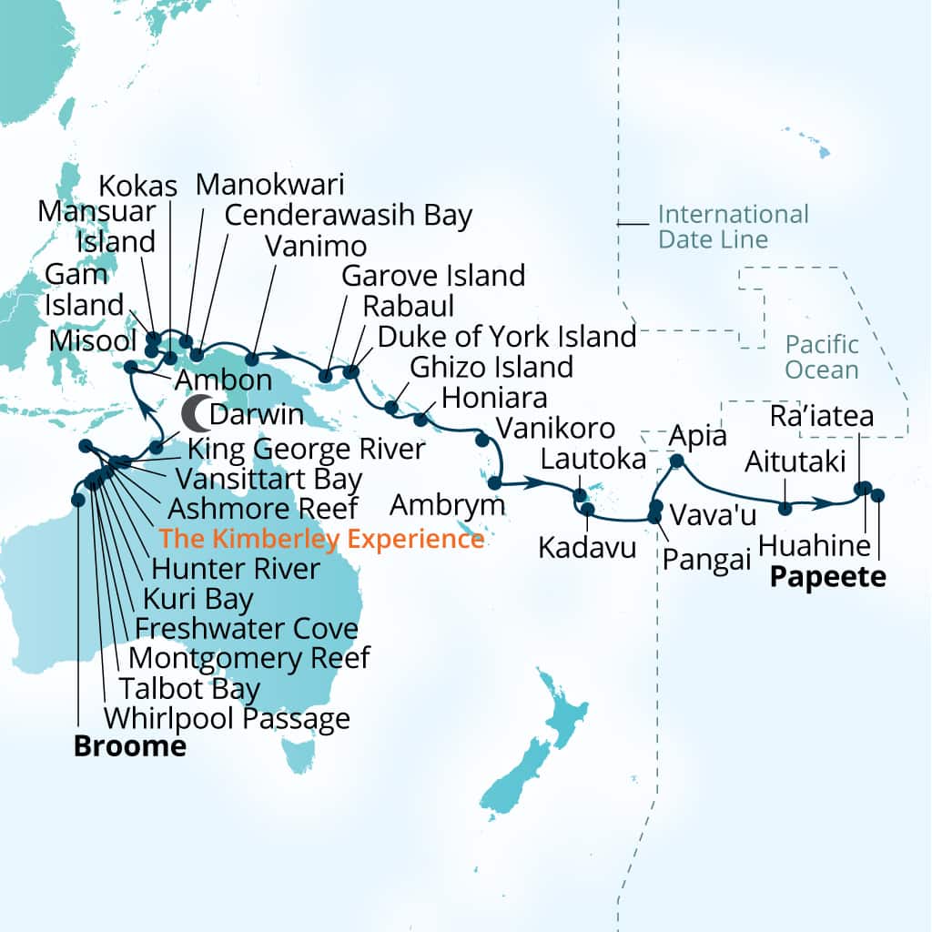 Itinerary map of 45-Day Kimberley Expedition, Indonesia & Papua New Guinea