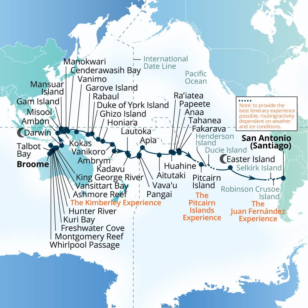 Itinerary map of 64-Day Kimberley Expedition & Islands Of The Pacific