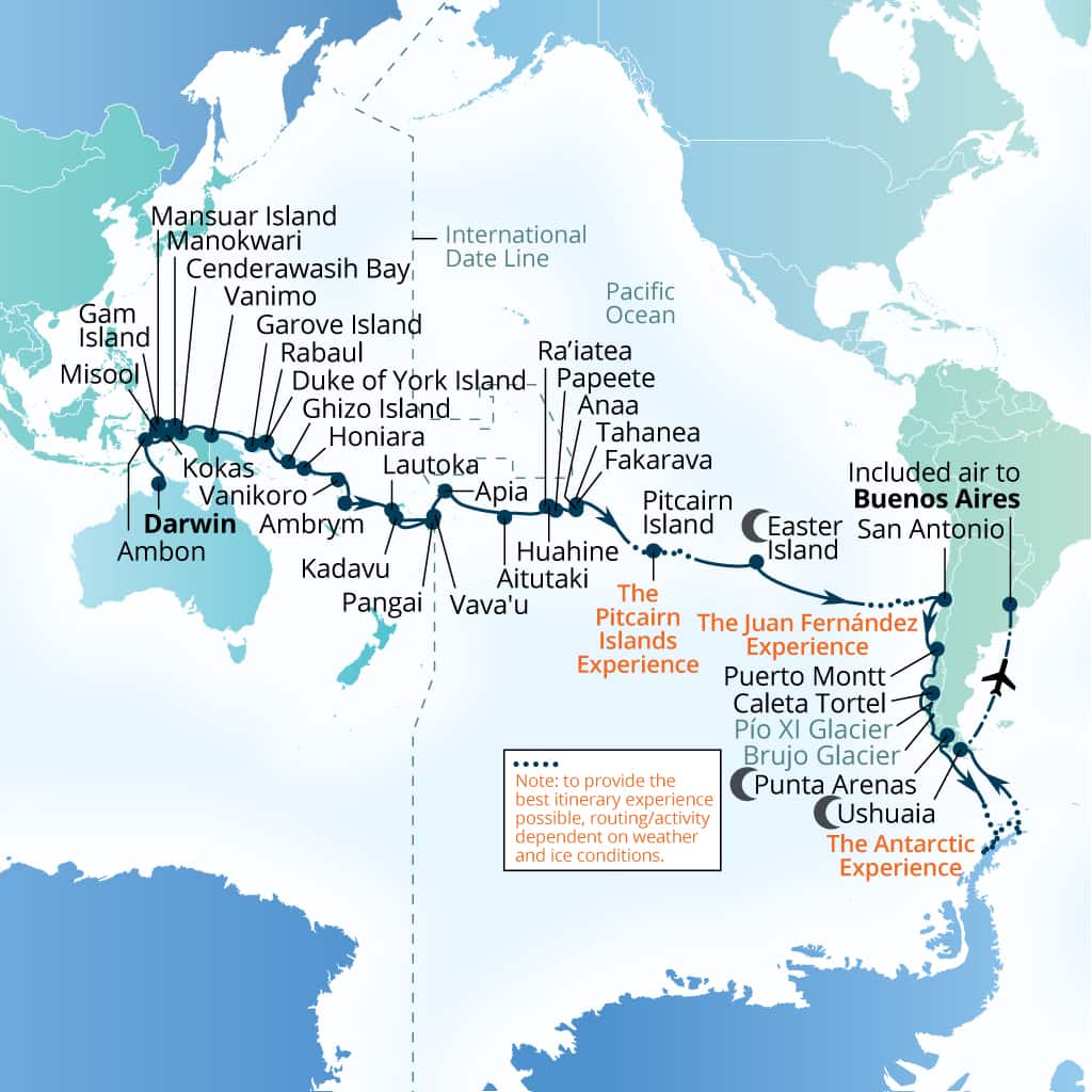 Itinerary map of 72-Day Papua New Guinea, Indonesia, Patagonia & Antarctica
