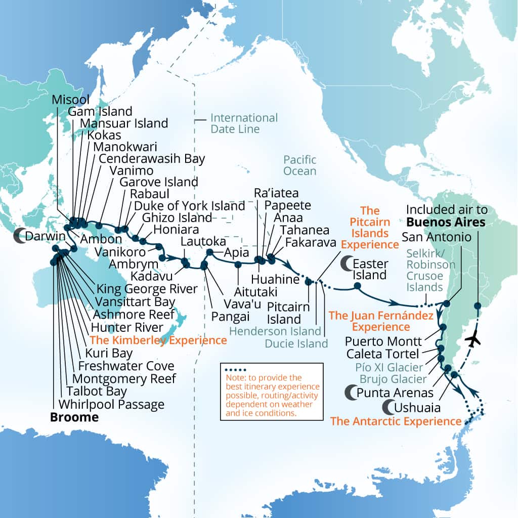 Itinerary map of 82-Day Across Three Continents: Oceania To      Antarctica