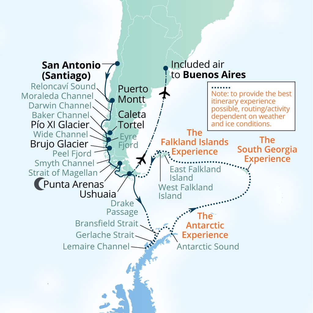 Itinerary map of 30-Day Chilean Fjords, Antarctica, South Georgia& Falklands