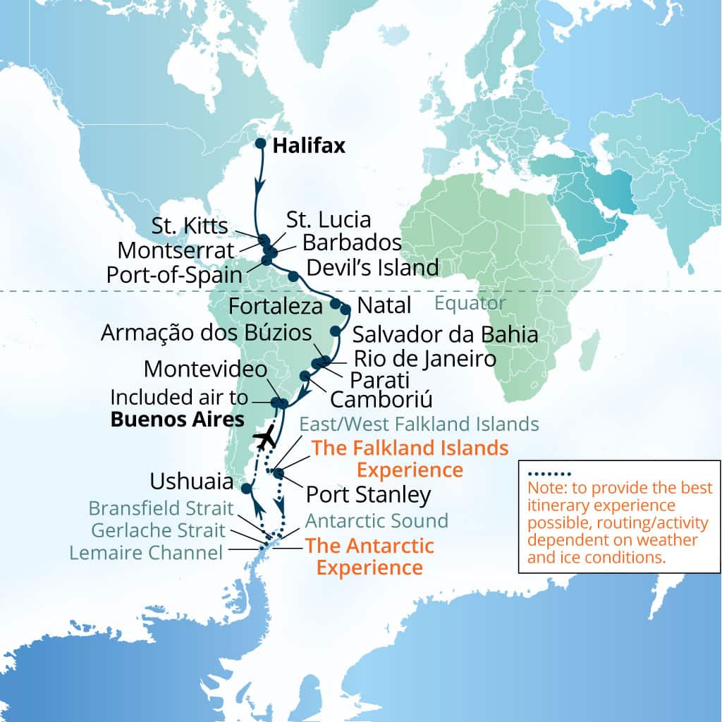 Itinerary map of 45-Day Caribbean, South America & Scotia Arc    Expedition