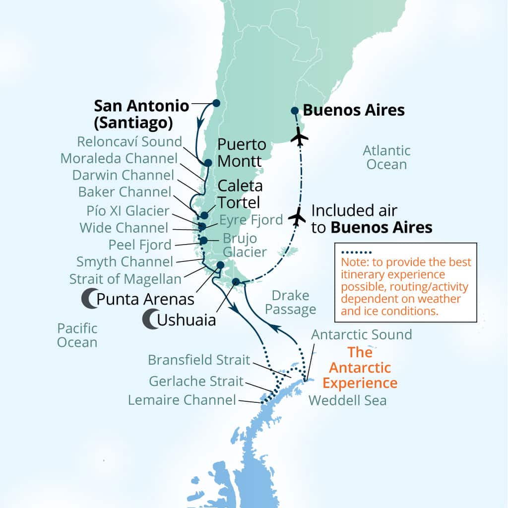 Itinerary map of 18-Day Chilean Fjords & Antarctica