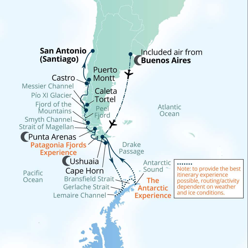 Itinerary map of 25-Day White Continent & Chilean Fjords Explorer