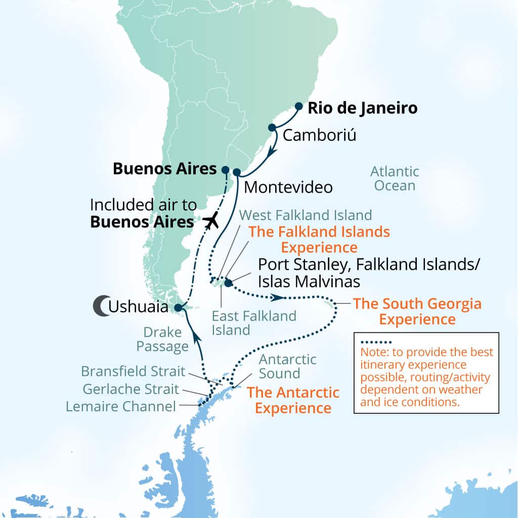 Itinerary map of 25-Day Scotia Arc: Antarctica, Falklands &      South Georgia