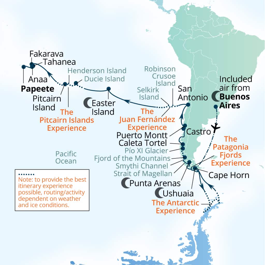 Itinerary map of 44-Day Antarctica, Chilean Fjords, Easter &     Pitcairn Islands