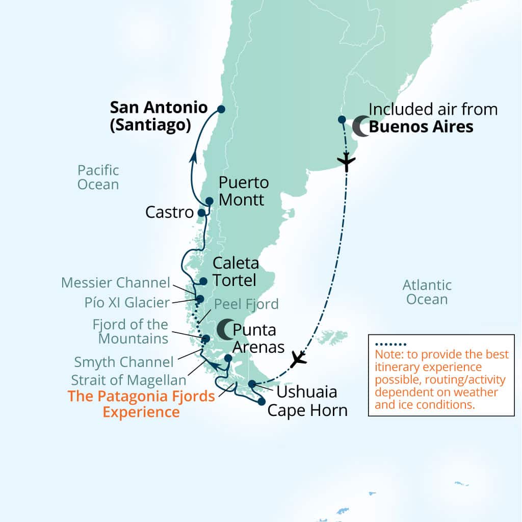 Itinerary map of 15-Day Chilean Fjords Explorer