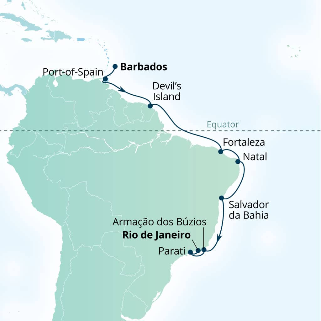 Itinerary map of 16-Day Trinidad To Rio: South American Expedition