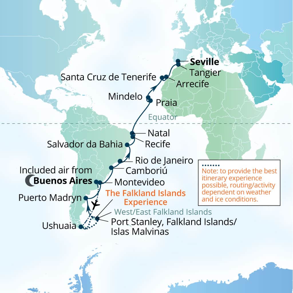 Itinerary map of 36-Day Falklands, South America, Canary Islands & Spain