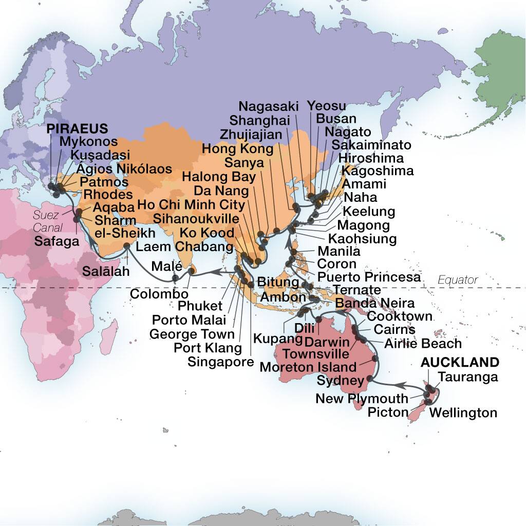Itinerary map of 82-Day World Cruise: Australia, China Sea & Ancient Empires