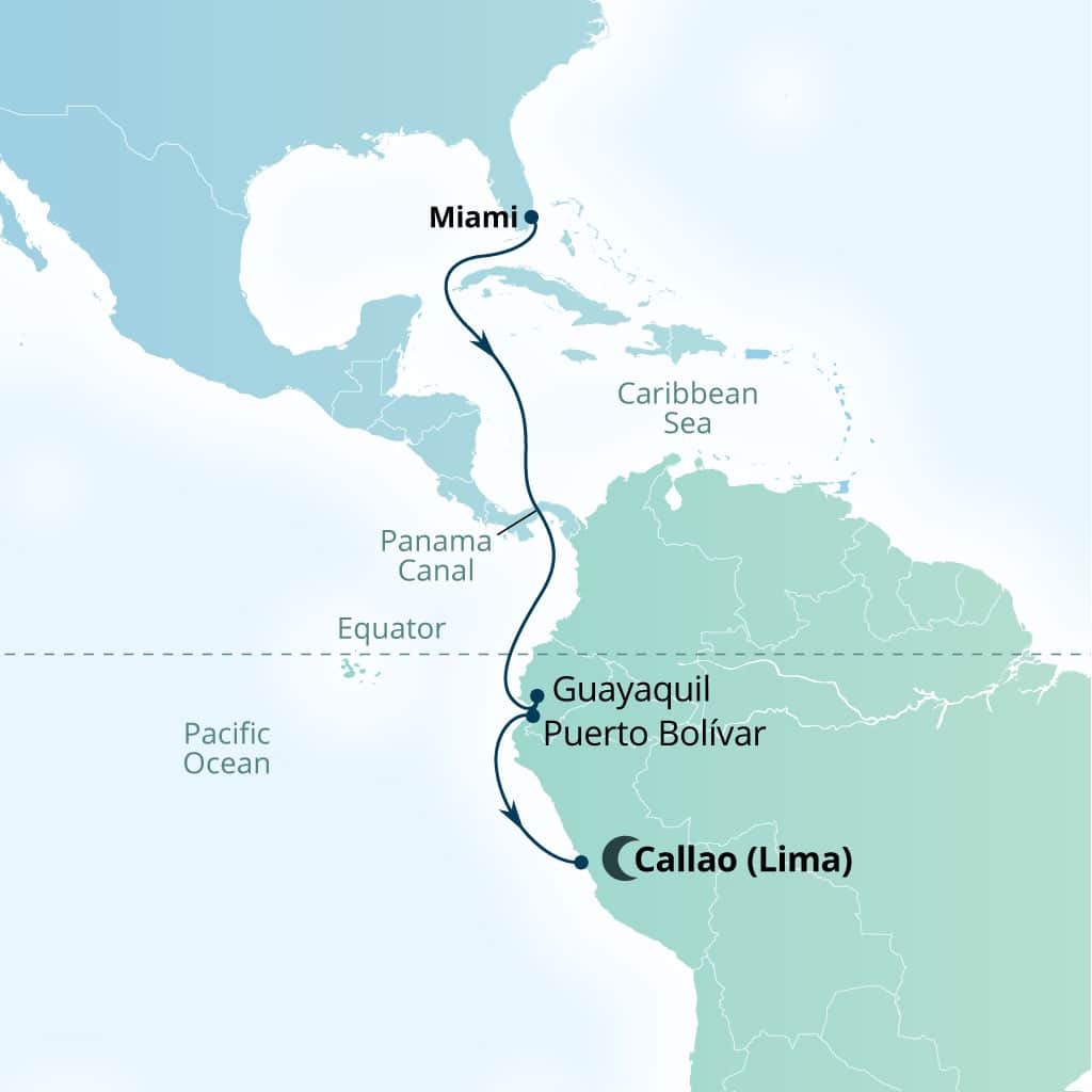 Itinerary map of 12-Day World Cruise: Panama Canal To Callao
