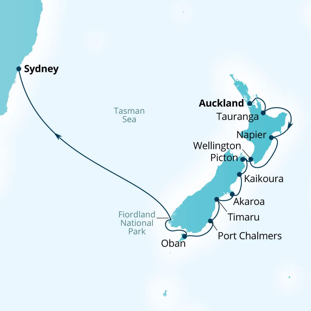 Itinerary map of 15-Day World Cruise: New Zealand Explorer