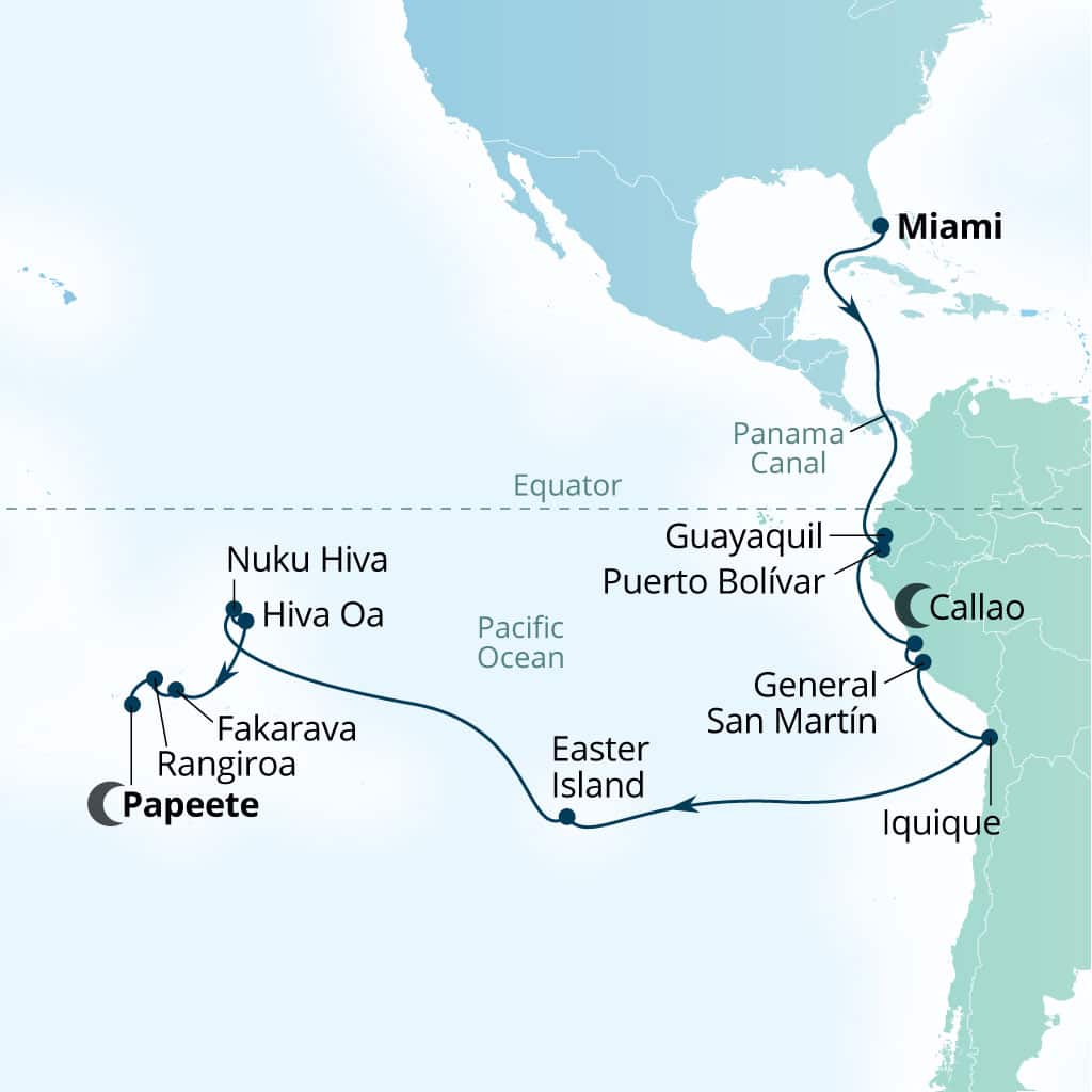 Itinerary map of 35-Day World Cruise: Panama Canal Crossing & Polynesia