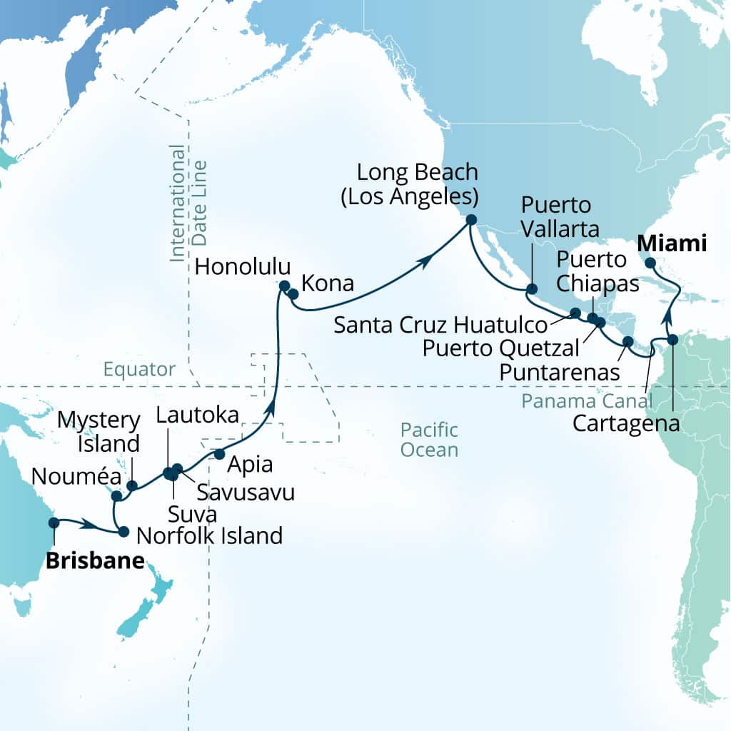 Itinerary map of 46-Day World Cruise: South Pacific & Panama Canal