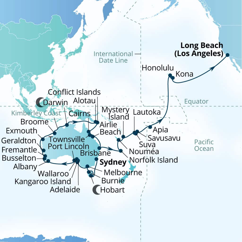 Itinerary map of 64-Day World Cruise: Australia In-depth, Fiji & Hawaii