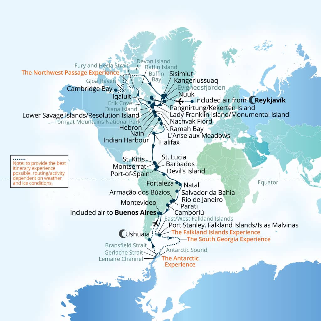 Map of itinerary 82-Day Grand Expedition: Arctic To Antarctica