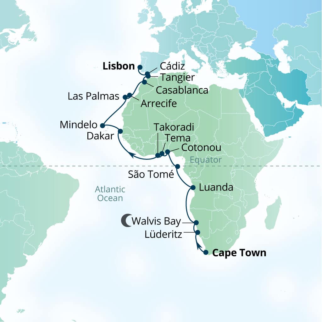 Itinerary map of 30-Day Africa's West Coast: Cape Town To Cabo Verde