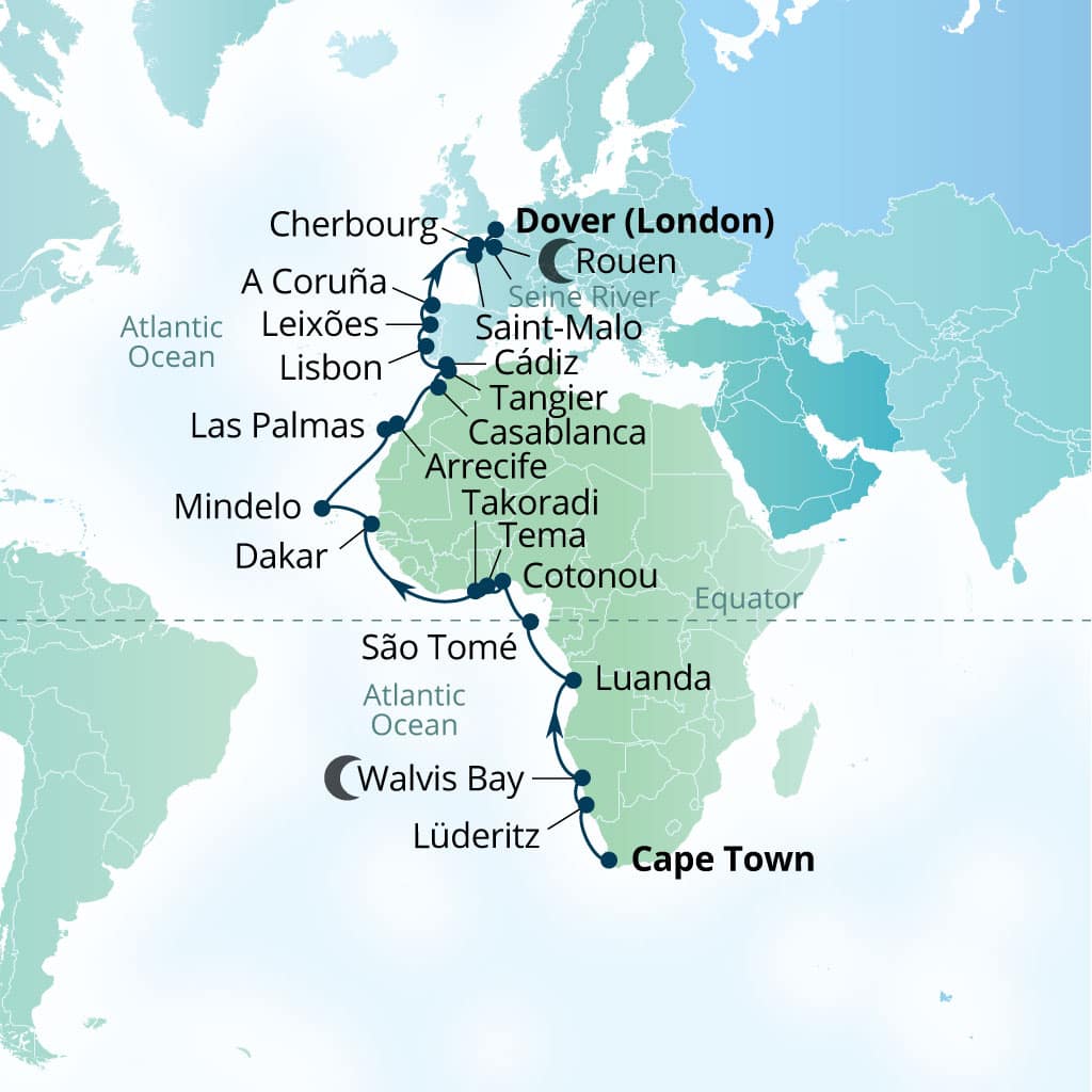 Itinerary map of 38-Day Africa's West Coast, Spain & France