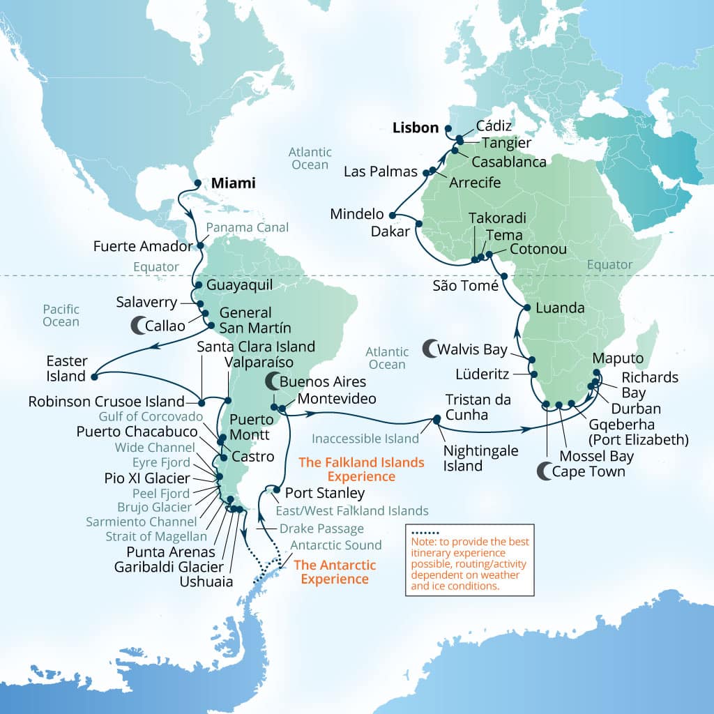 Itinerary map of 112-Day Cape To Cape World Cruise: Miami To Lisbon