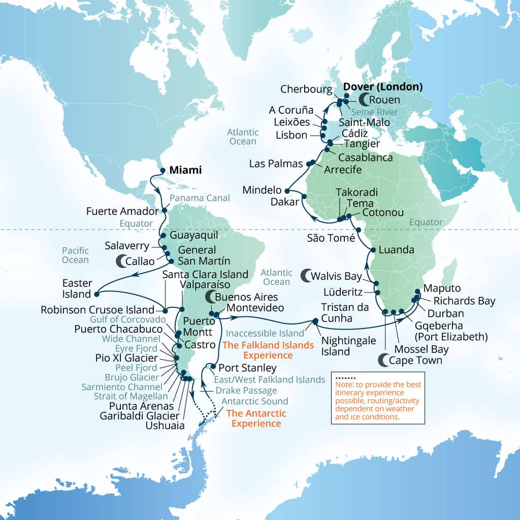 Itinerary map of 120-Day Cape To Cape World Cruise: Miami To Dover