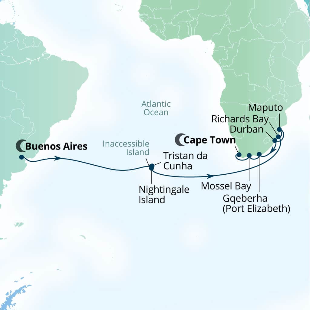 Itinerary map of 25-Day South Atlantic Isles & Southern African Gems
