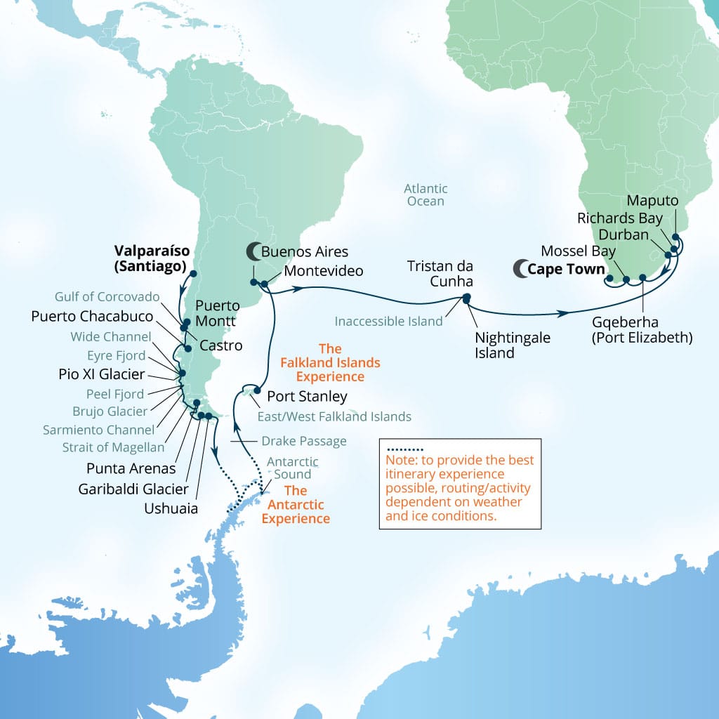 Itinerary map of 53-Day Chilean Fjords, Antarctica & South Atlantic Explorer