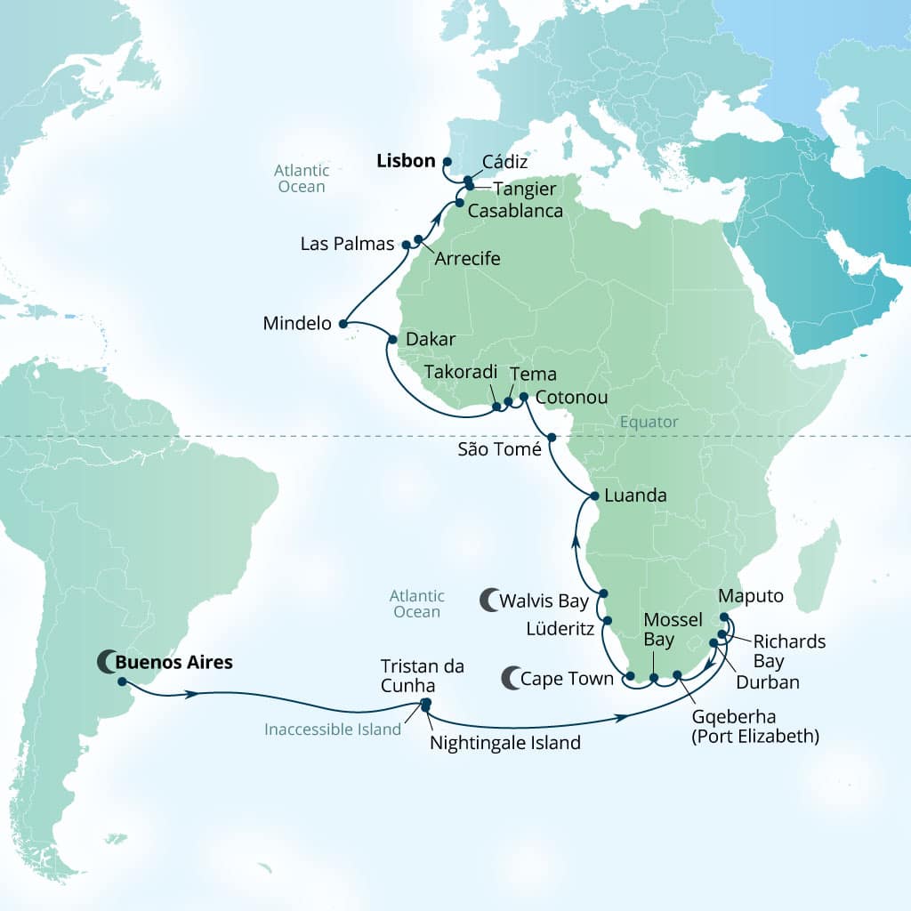 Itinerary map of 55-Day South Atlantic, West Coast Of Africa & Spain