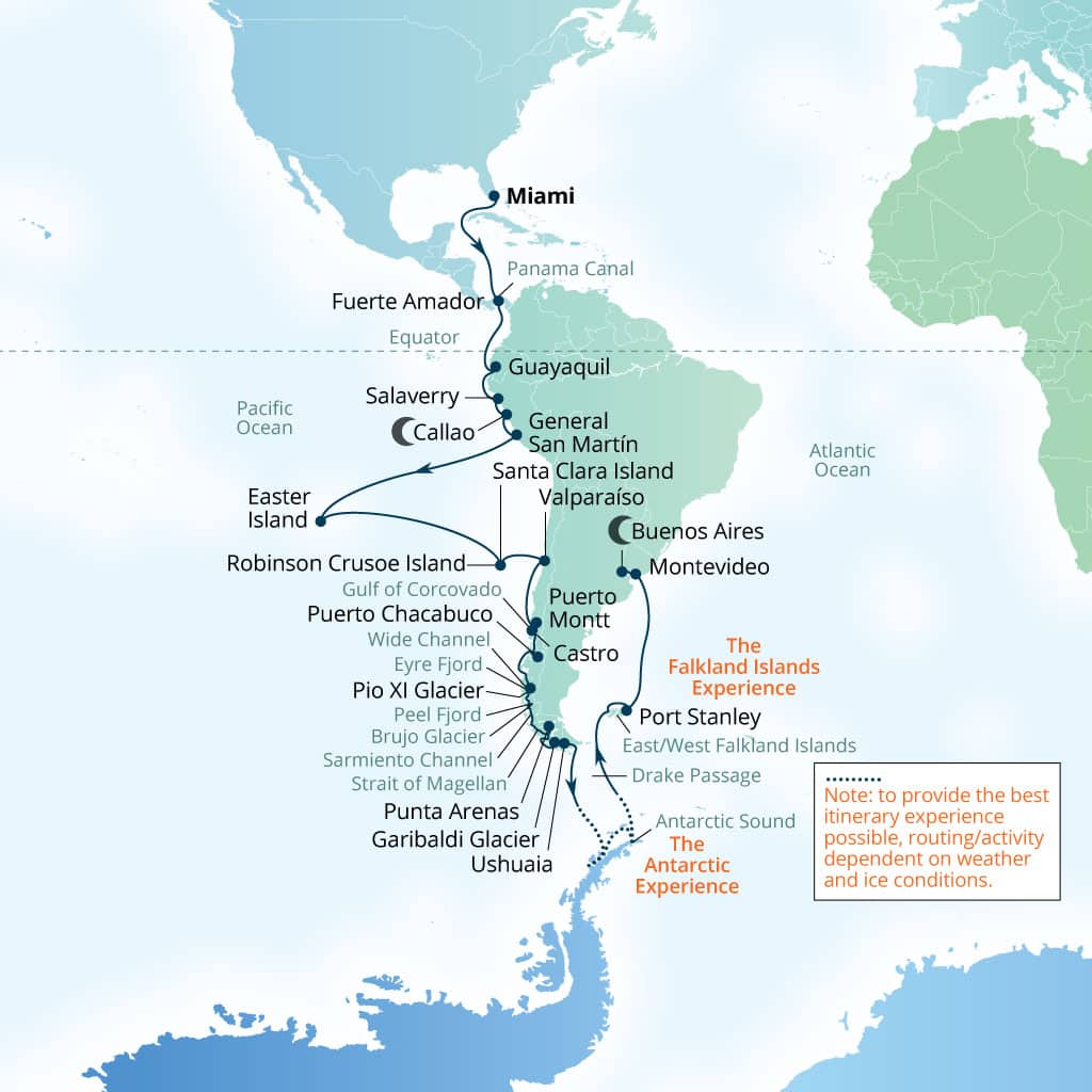 Itinerary map of 57-Day Panama Canal, Chilean Fjords, Antarctica & Falklands