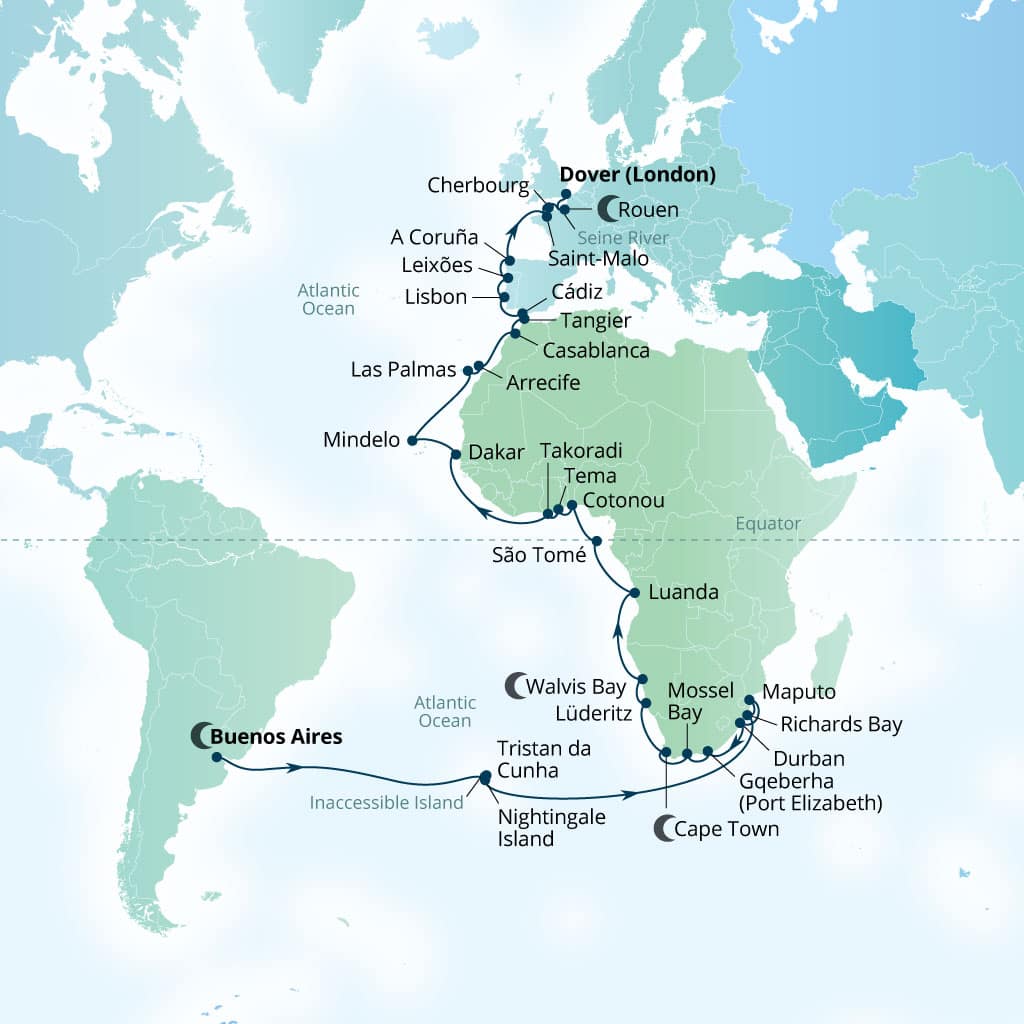 Itinerary map of 63-Day West Coast Of Africa, Iberia & France