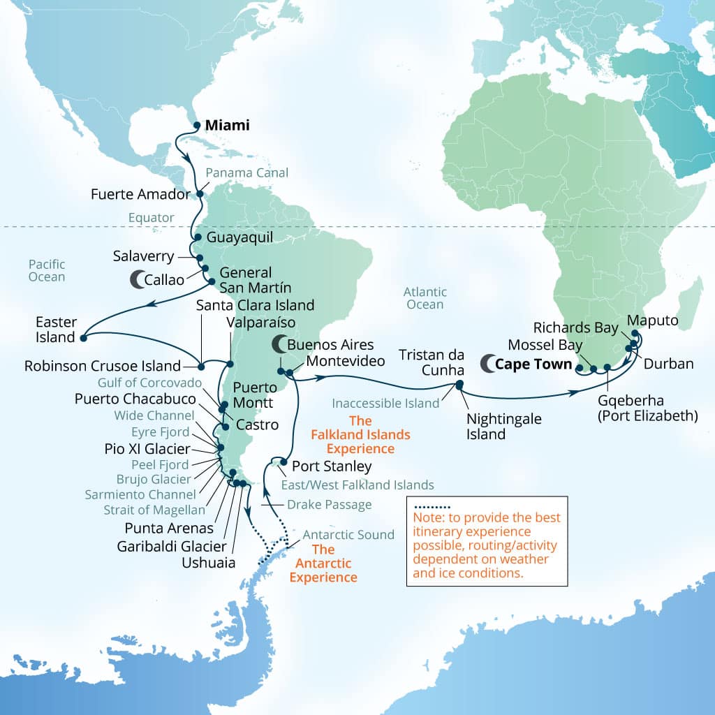 Itinerary map of 82-Day South America, Antarctica, South Atlantic & Africa