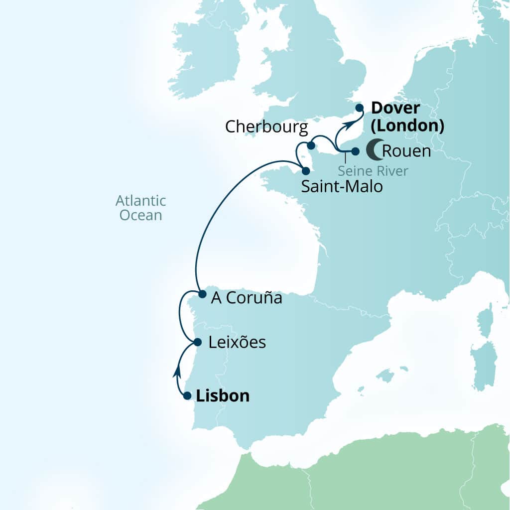 Itinerary map of 8-Day Iberian Coast & Northern France