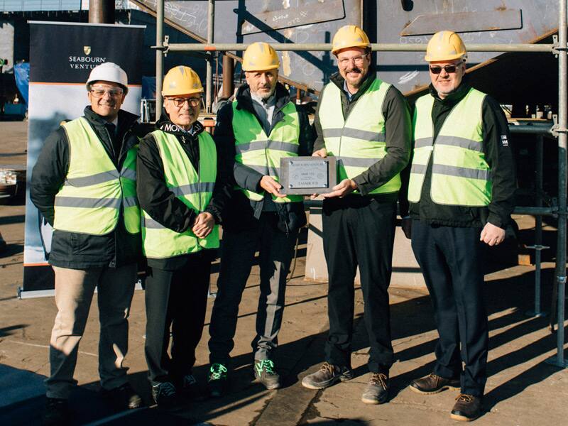 Group Photo from left to right: Ruggiero Rizzo, T.Mariotti Project Manager - Seabourn Venture; Carmelo Bottecchia, Cimolai Manager; Marco Ghiglione, T.Mariotti Managing Director; Richard Meadows, Seabourn President; Jan Velthuis, Holland America Group - Newbuild Project Manager
