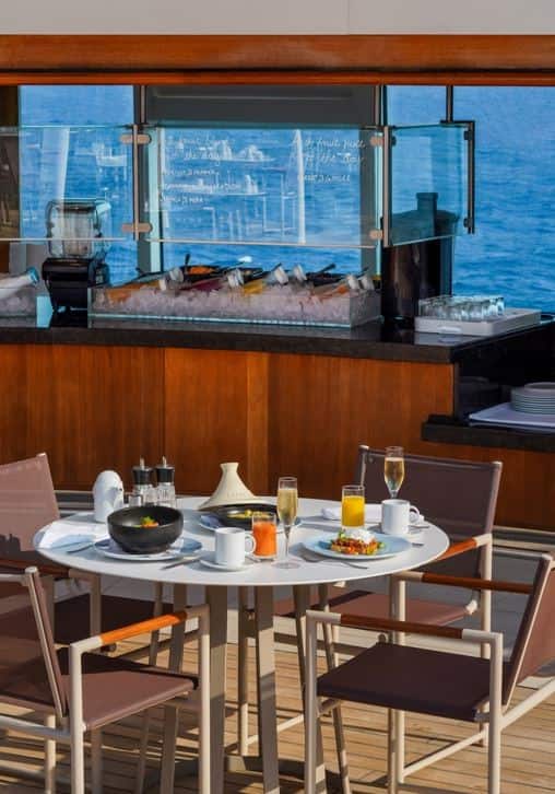 Photo of table on Seabourn ship deck.