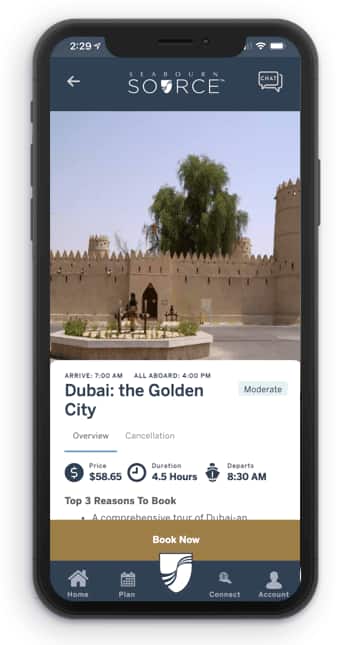 Seabourn Source app displaying shore excursion information on a mobile phone