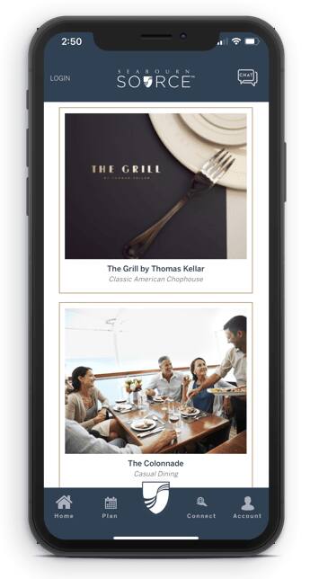 Seabourn Source app displaying dining options on a mobile phone