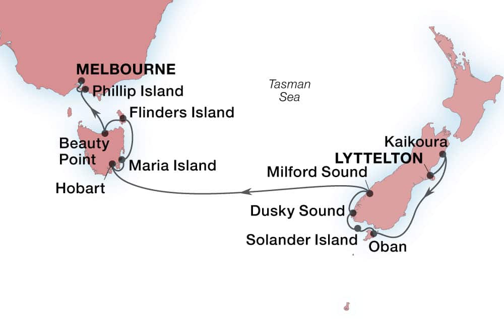  14-Day Southern Fjords & Wild Tasmania Voyage Map