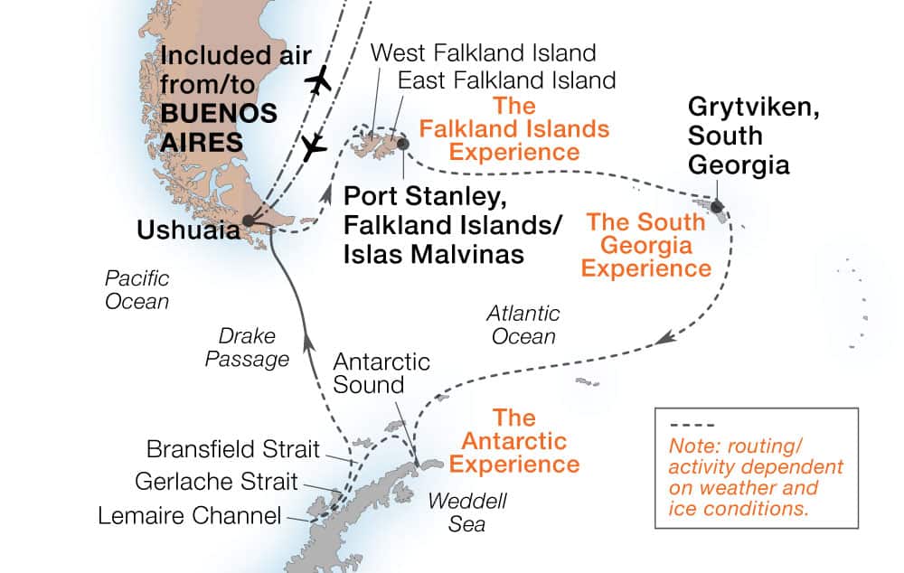 21-Day Antarctica, South Georgia & Falkland Holiday Voyage Map