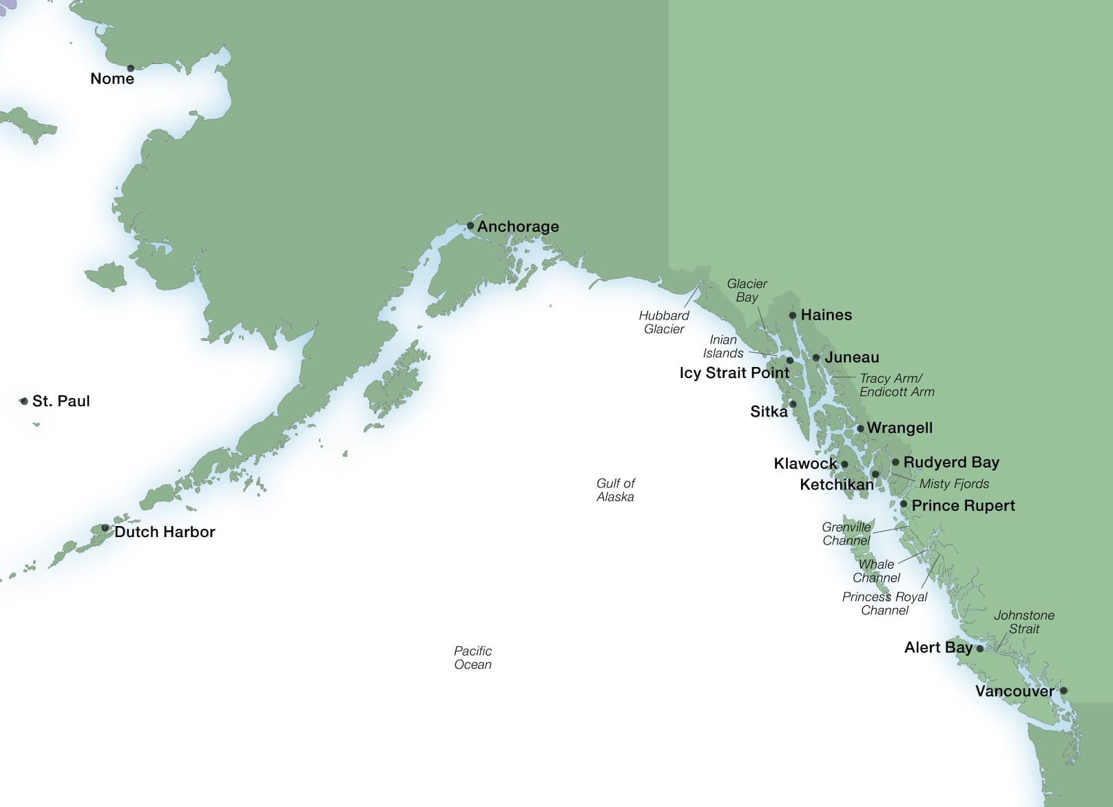 Seabourn's Alaska ports map