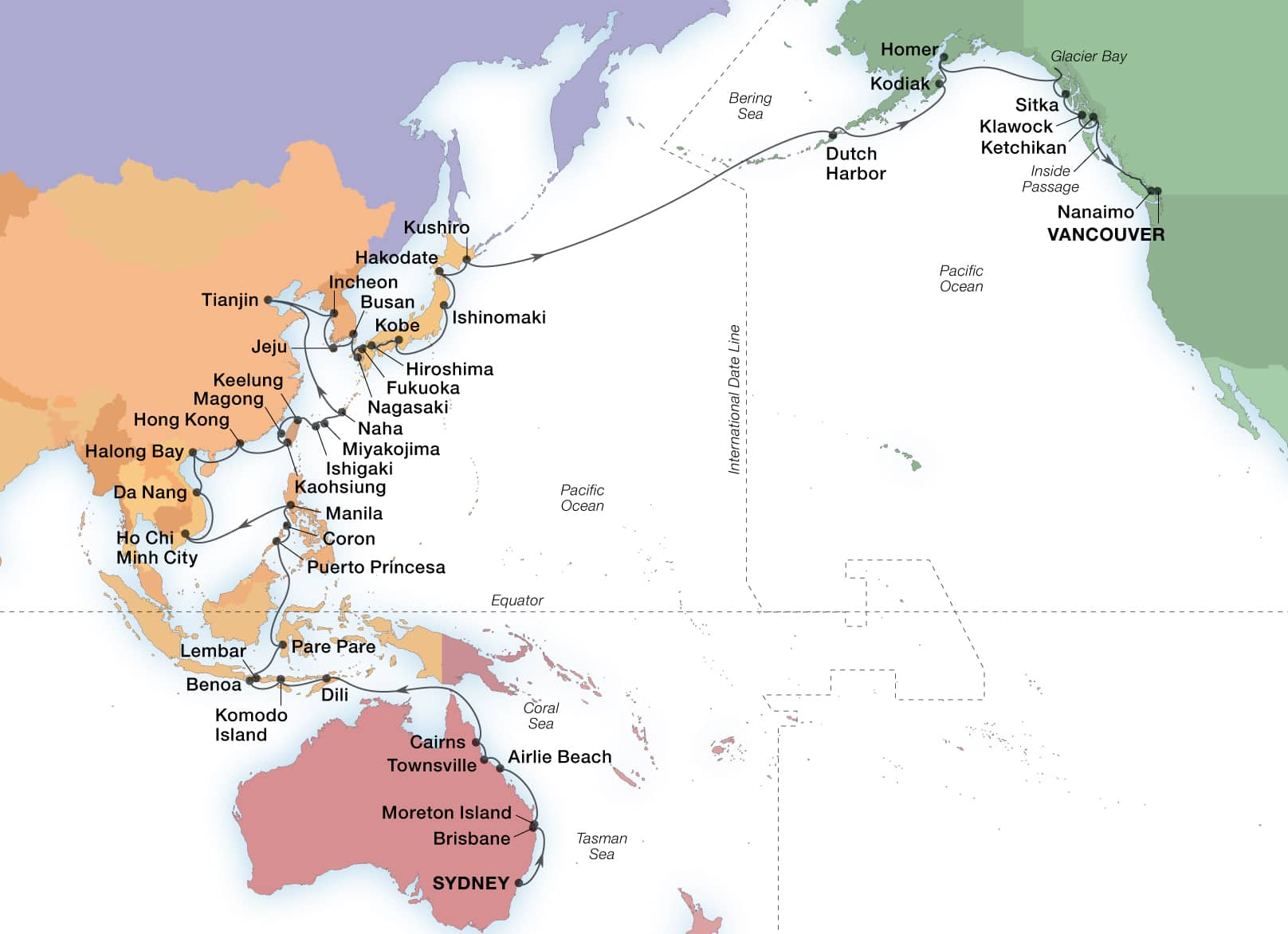 Reiseroute Grand Voyage Australien, Asien und Alaska