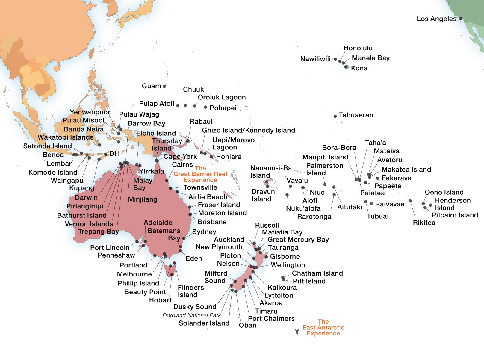Karte der Häfen von Seabourn in Australien und Neuseeland