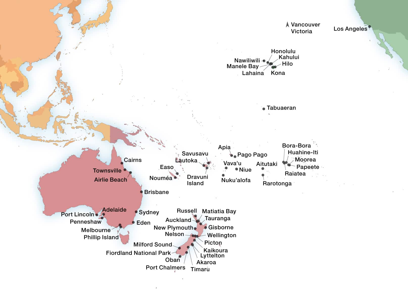 Seabourn's Australia & New Zealand ports map