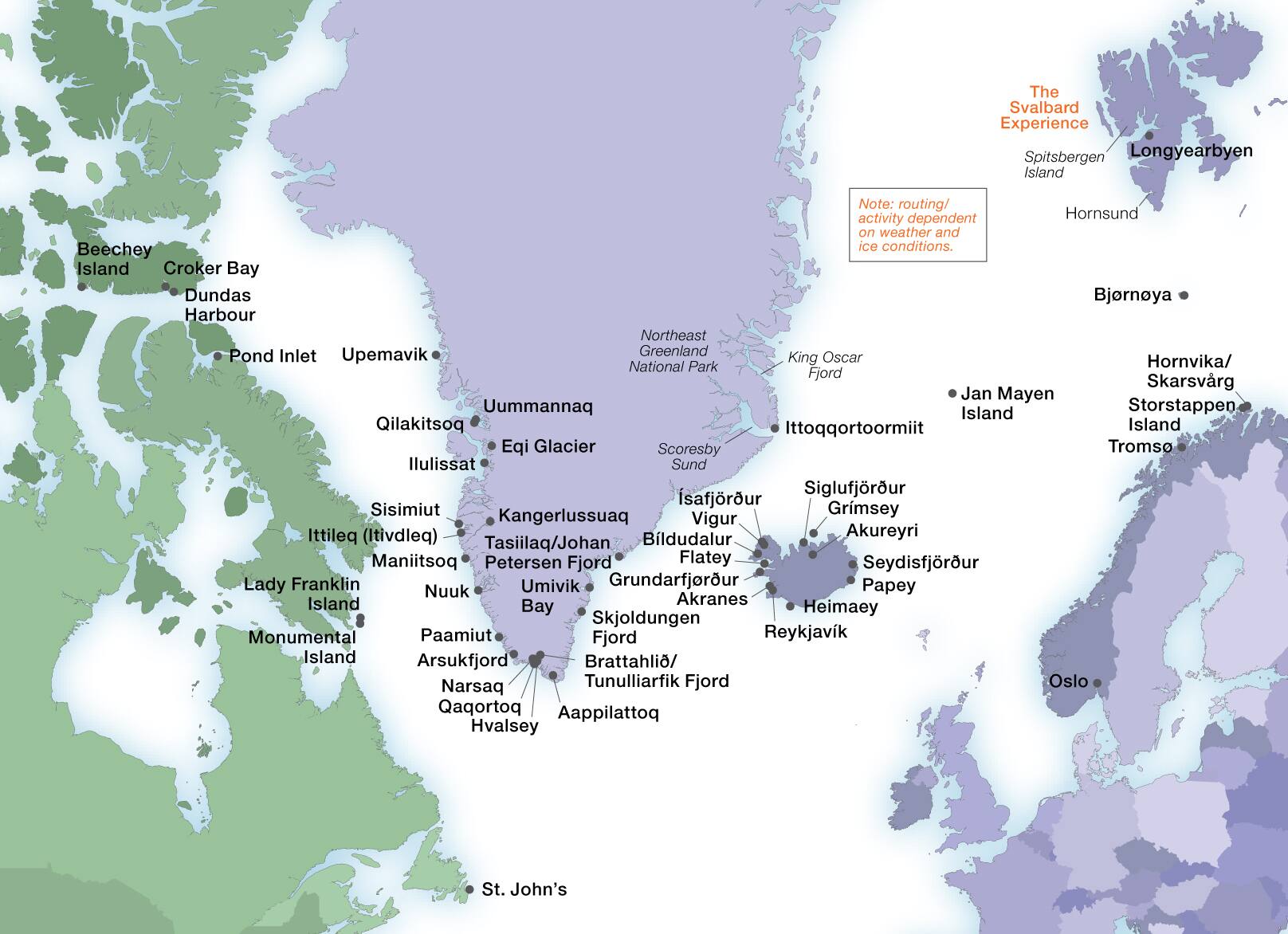 Seabourn's Arctic ports map