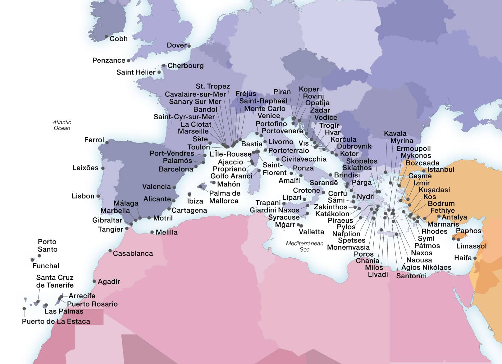 Seabourn's Mediterranean ports map